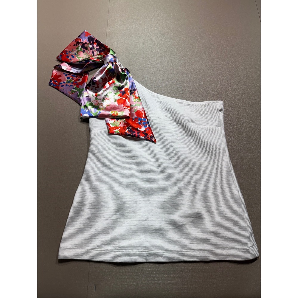 Maeve Anthropologie White Ribbed One Shoulder Floral Bow Top Small OB1747508
